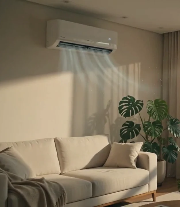 Sala de estar climatizada no fim da tarde, com o ar-condicionado ligado